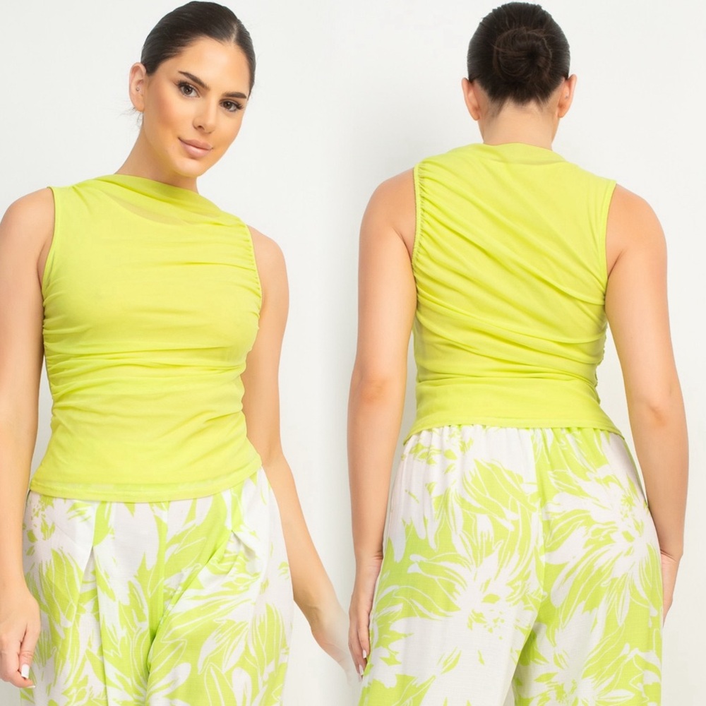 Lime Green Mesh mock neck Sleeveless Top - Picture 3 of 13